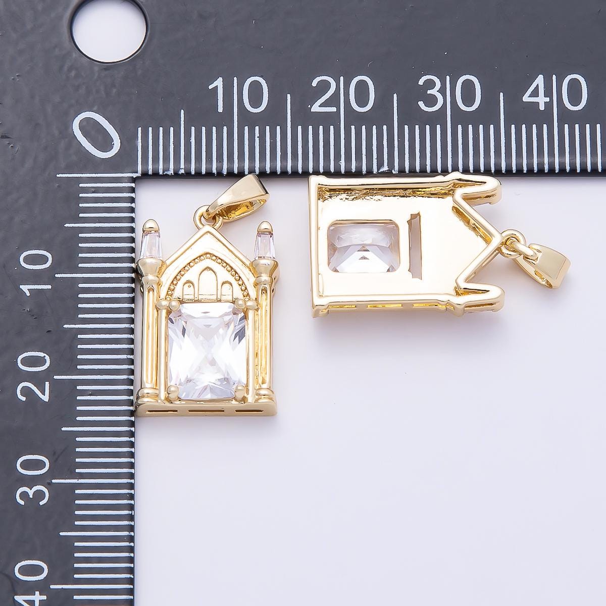 16K Gold Filled 20mm Clear CZ Baguette Vintage Church Castle Pendant Cathedral Architecture Charm Jewelry Supply DIY Necklace | Charms-01037