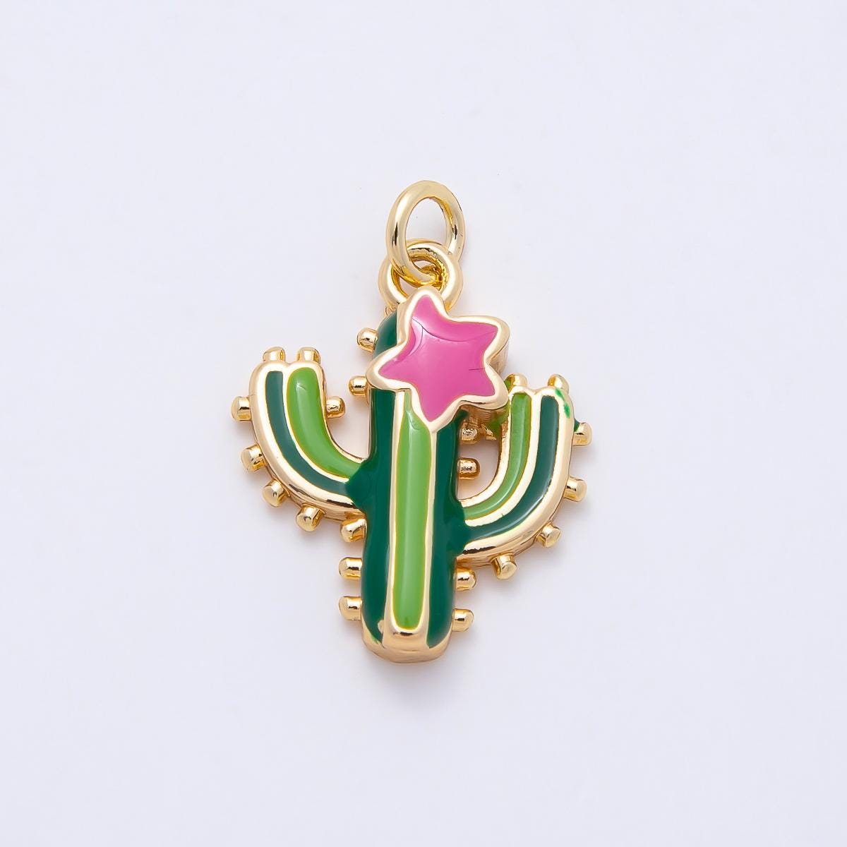 16K Gold Filled 20mm Pink Star Green Cactus Plant Charm Desert Succulent Pendant DIY Jewelry Making Supply for Necklace | Charms-01055