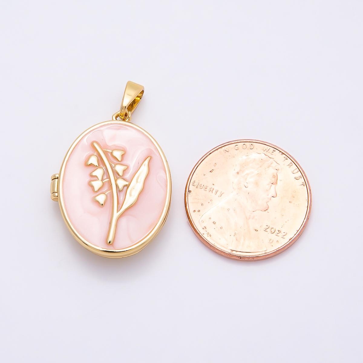 16K Gold Filled 24mm Pink, White Glitter Enamel Flower Oval Locket Pendant Floral Photo Charm Birth flower DIY Jewelry Supply | Charms-01031