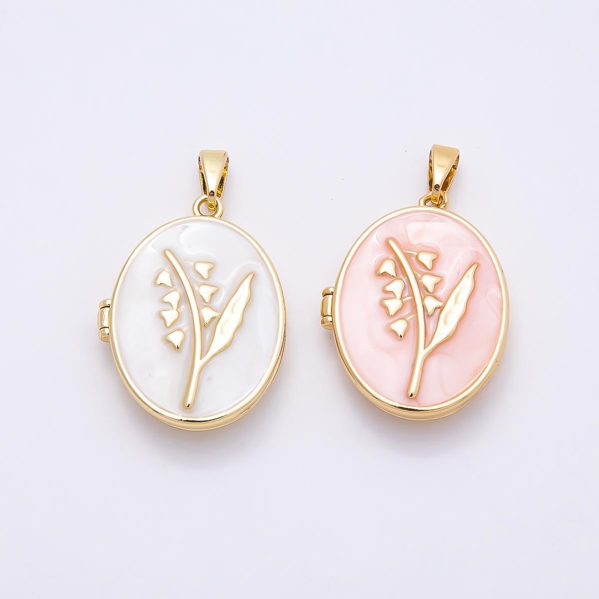 16K Gold Filled 24mm Pink, White Glitter Enamel Flower Oval Locket Pendant Floral Photo Charm Birth flower DIY Jewelry Supply | Charms-01031
