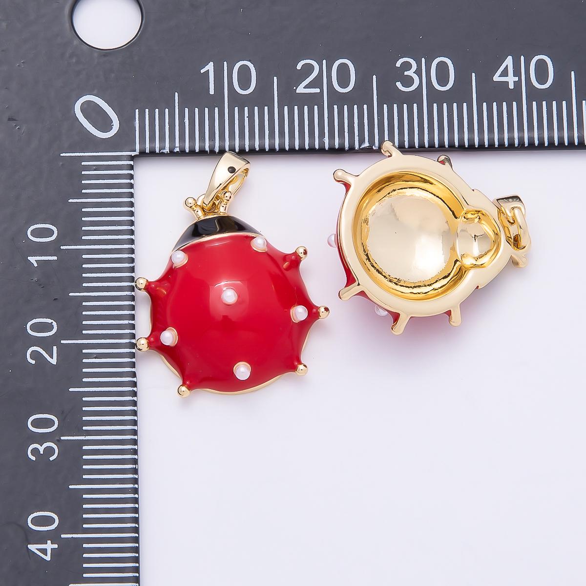 16K Gold Filled 21mm Red Enamel Shell Pearl Dotted Lady Bug Insect Animal Pendant Lucky Charm DIY Jewelry Making Supply | Charms-01038