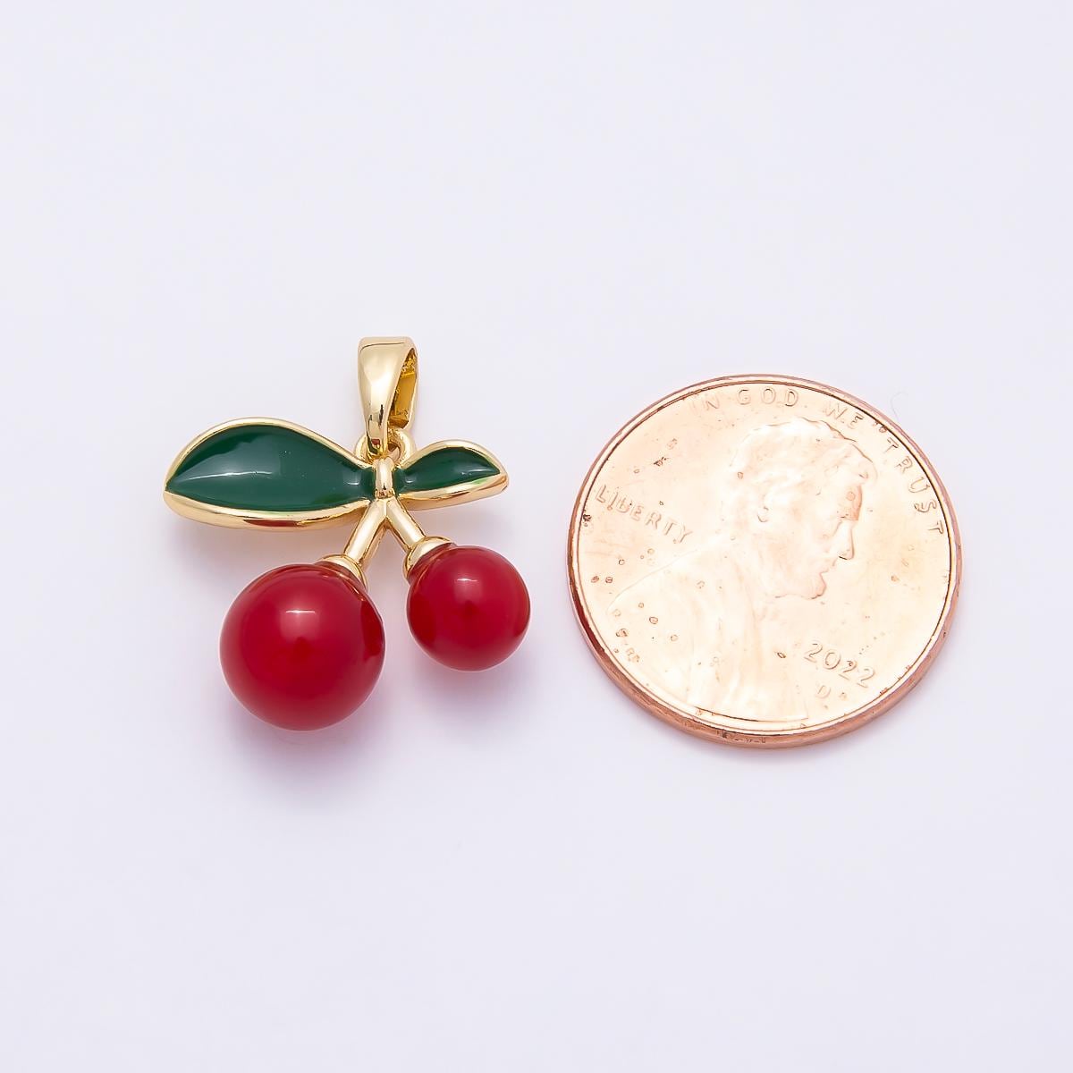 16K Gold Filled 17mm Red Enamel Cherry Fruit Pendant Dainty Summer Food DIY Necklace Bracelet Jewelry Making Supplies | Charms-01039