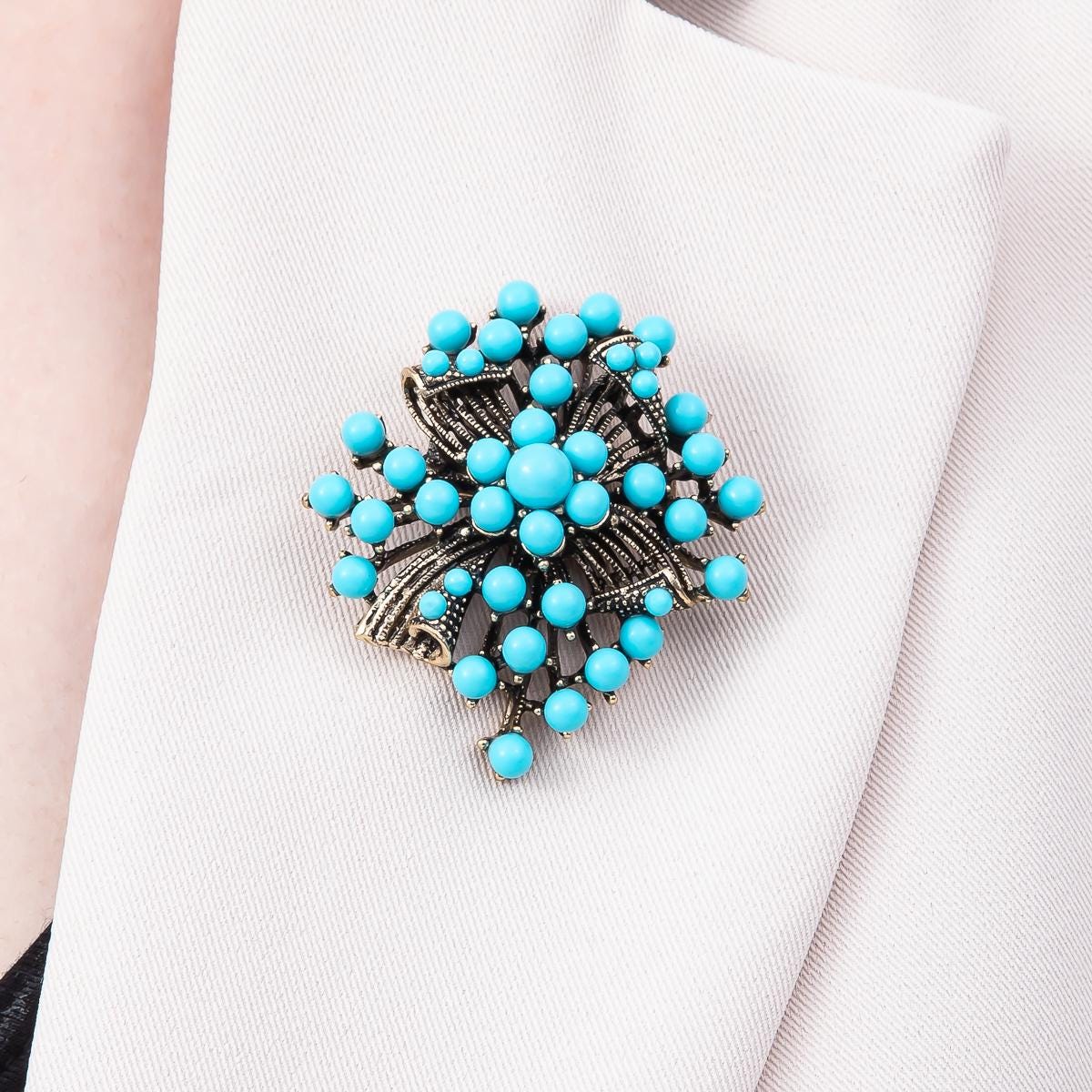 Turquoise Brooch Pin 46mm Antique Gold Retro Bohemian Bead Jewelry Western Bridal Bouquet Gift for Coats Bags Scarves | BH-143