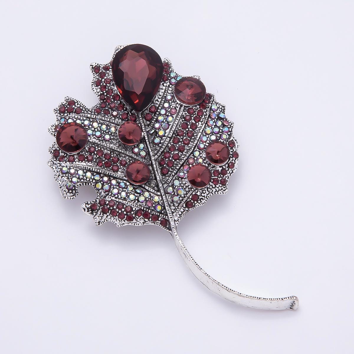 Ruby Red Leaf Brooch 80mm Silver Maple Botanical Rhinestone Lapel Pin Autumn Nature Statement Piece for Coats Bags Scarves | BH-139