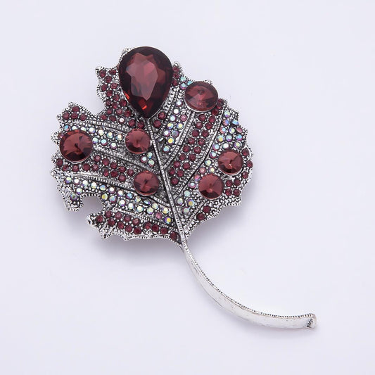 Ruby Red Leaf Brooch 80mm Silver Maple Botanical Rhinestone Lapel Pin Autumn Nature Statement Piece for Coats Bags Scarves | BH-139