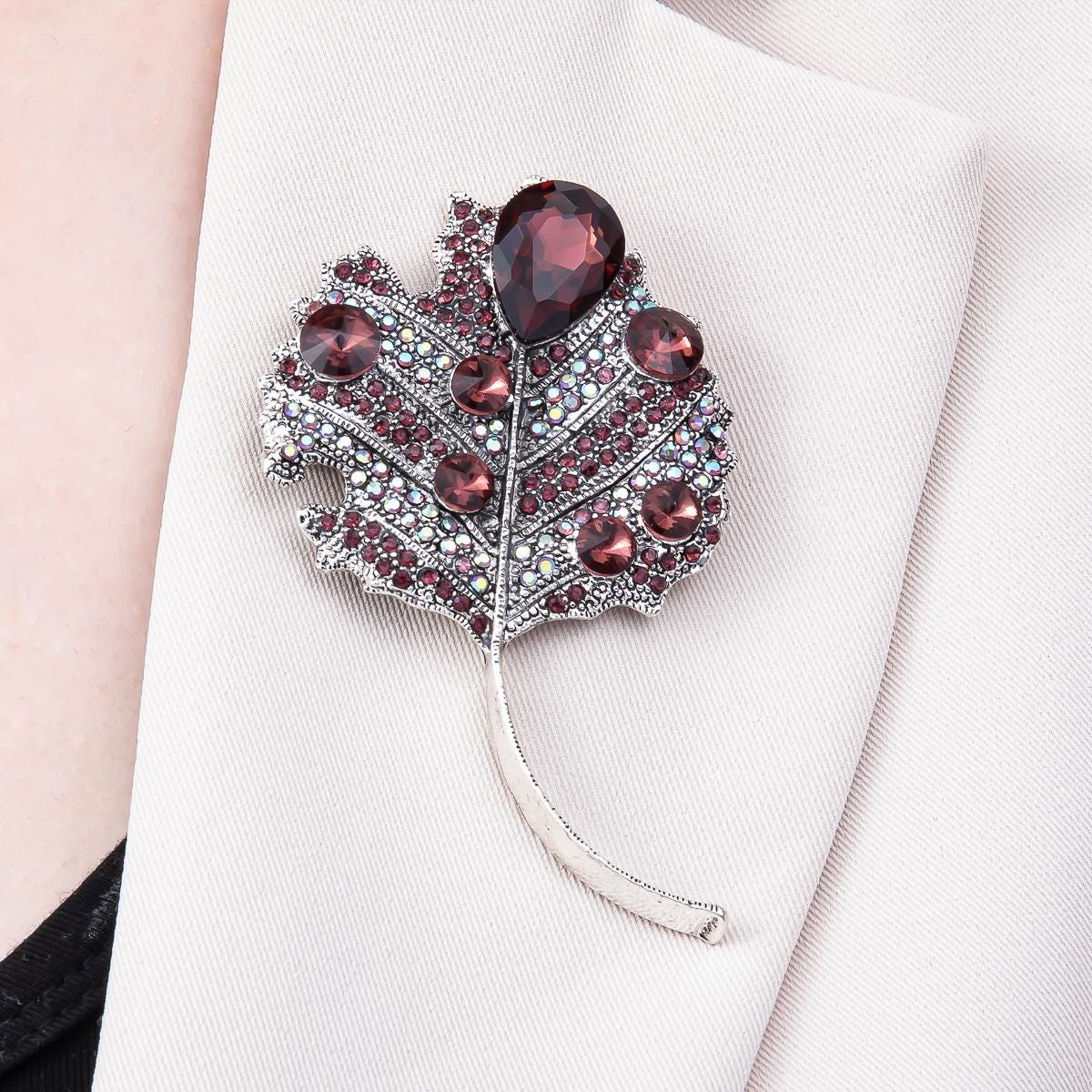 Ruby Red Leaf Brooch 80mm Silver Maple Botanical Rhinestone Lapel Pin Autumn Nature Statement Piece for Coats Bags Scarves | BH-139