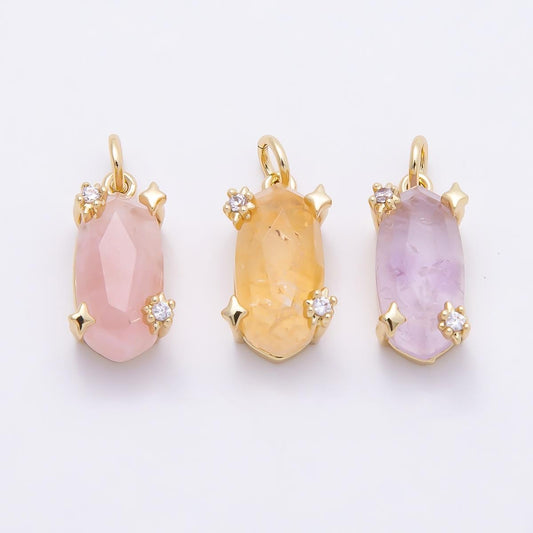 16K Gold Filled 17mm Rose Quartz, Amethyst, Citrine Multifaceted Oval Gemstone CZ Pendant Celestial Starburst Jewelry Supply | Charms-01009