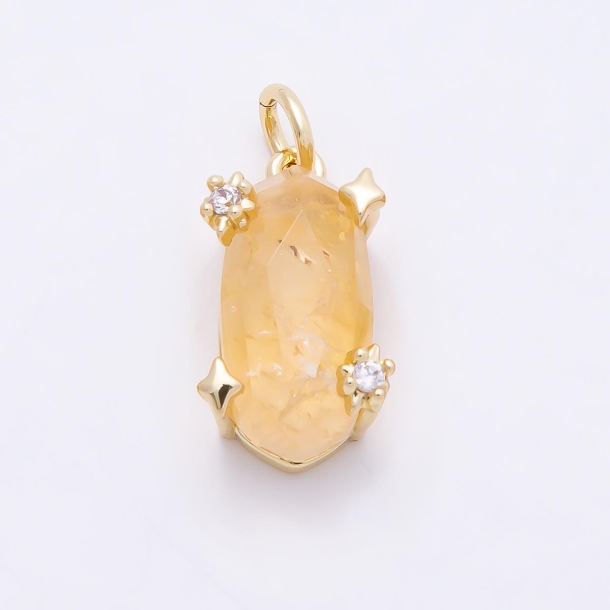 16K Gold Filled 17mm Rose Quartz, Amethyst, Citrine Multifaceted Oval Gemstone CZ Pendant Celestial Starburst Jewelry Supply | Charms-01009