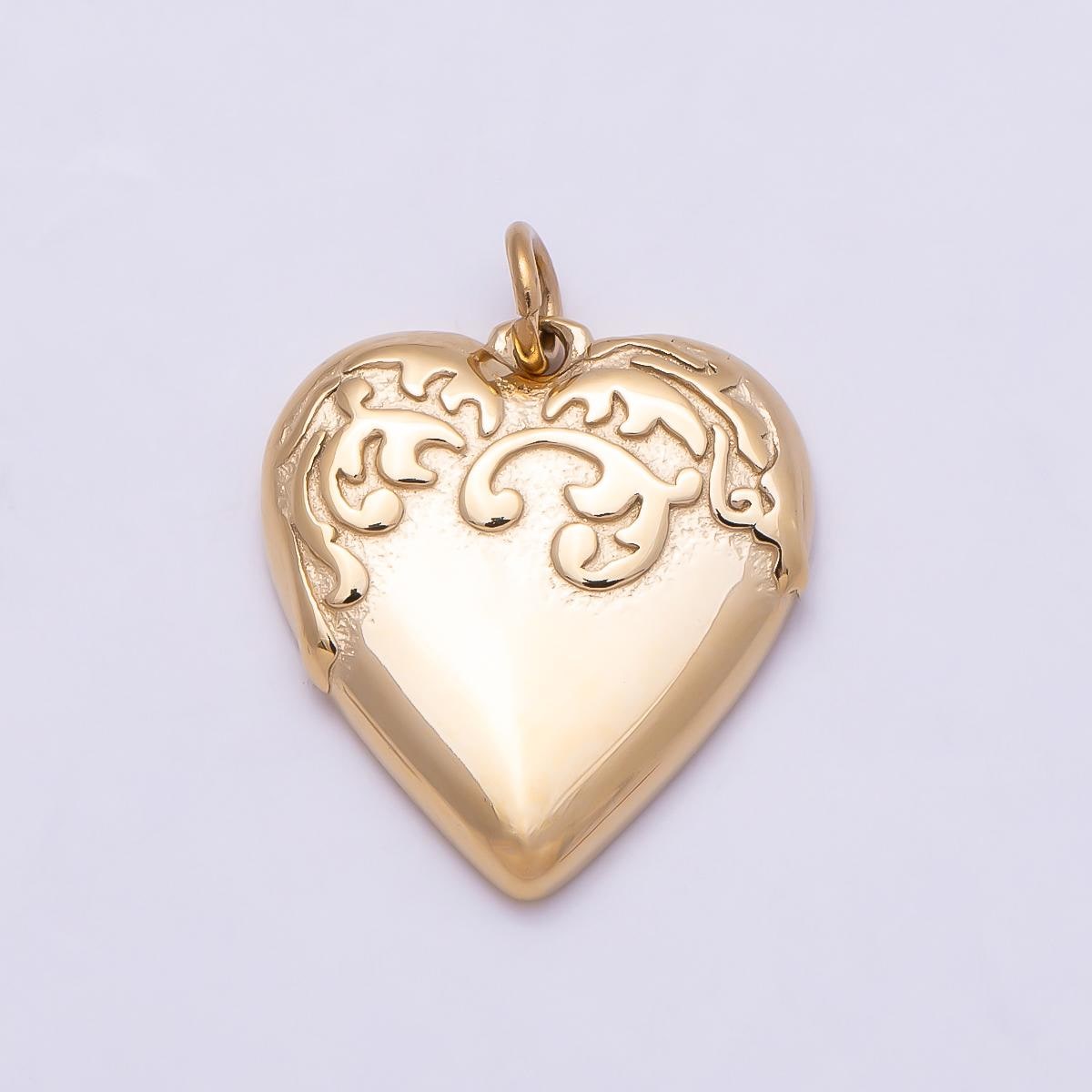PVD Gold Stainless Steel 16mm Vintage Textured Chubby Love Heart Charm Engraved Scroll Flower Pendant DIY Jewelry Supply | Charms-01014