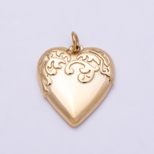 PVD Gold Stainless Steel 16mm Vintage Textured Chubby Love Heart Charm Engraved Scroll Flower Pendant DIY Jewelry Supply | Charms-01014