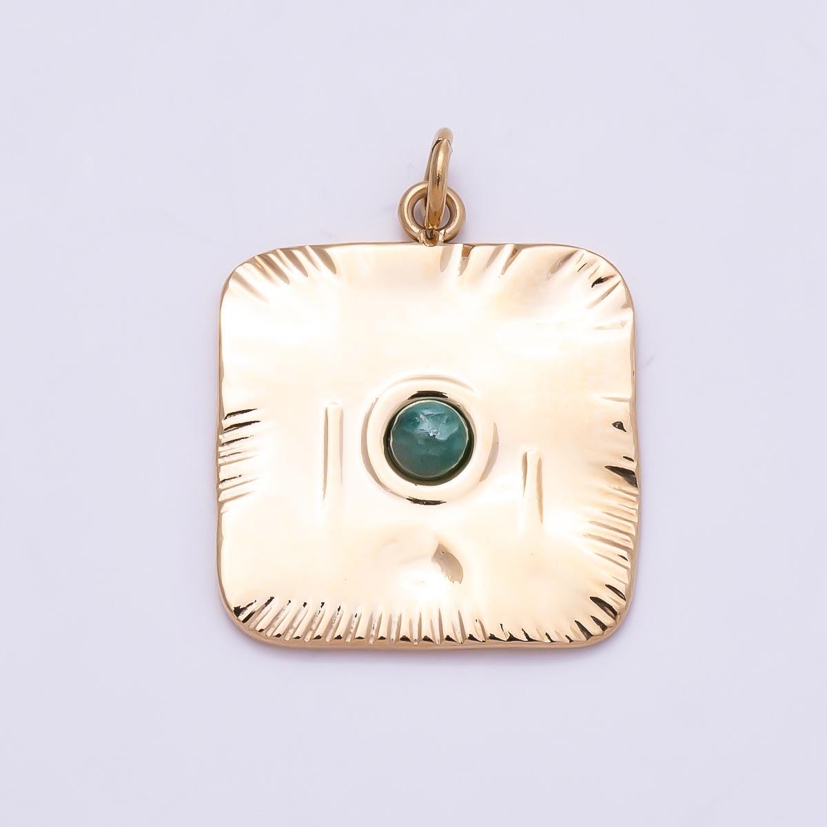PVD Gold Stainless Steel 18mm Green Aventurine Natural Gemstone Textured Square Medallion Charm Boho Statement Necklace | Charms-01022