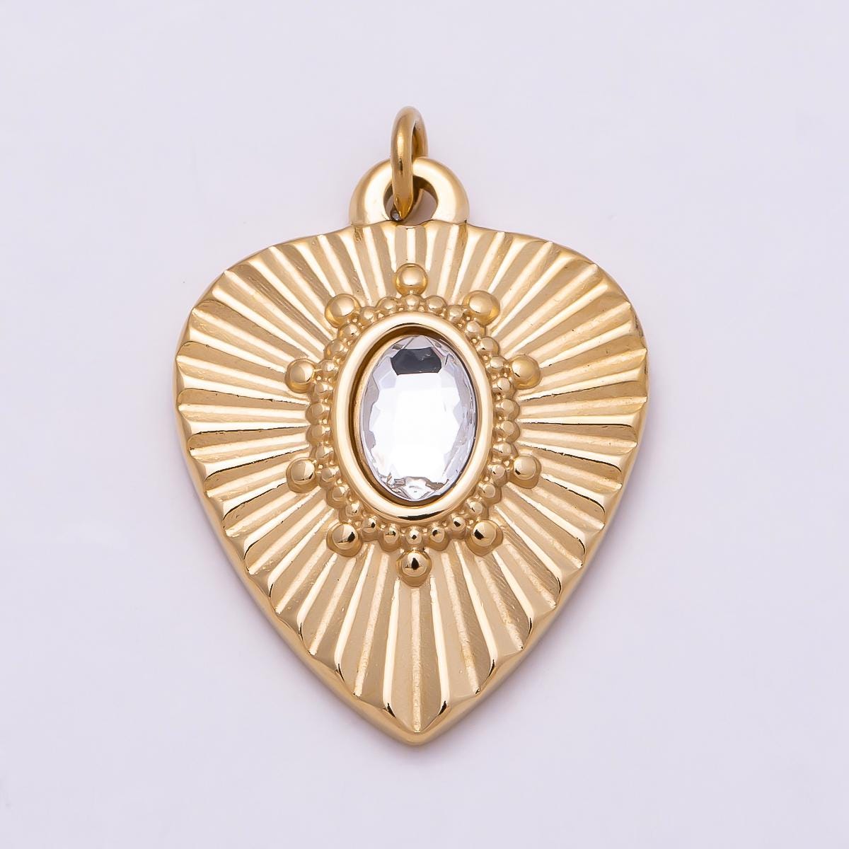 PVD Gold Stainless Steel 20mm Clear Oval CZ Radiant Sunburst Heart Medallion Charm Shield Crystal Boho Statement DIY Supply | Charms-01023