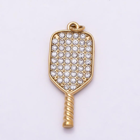PVD Gold Stainless Steel 28mm Micro Paved CZ Racket Pickleball Paddle Sport Charm Crystal Tennis Jewelry DIY Supply | Charms-01024