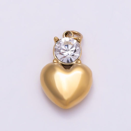PVD Gold Stainless Steel 18mm Clear CZ Heart Mini Charm Romantic Solitaire Gem Jewelry DIY Supply for custom Necklace | Charms-01026