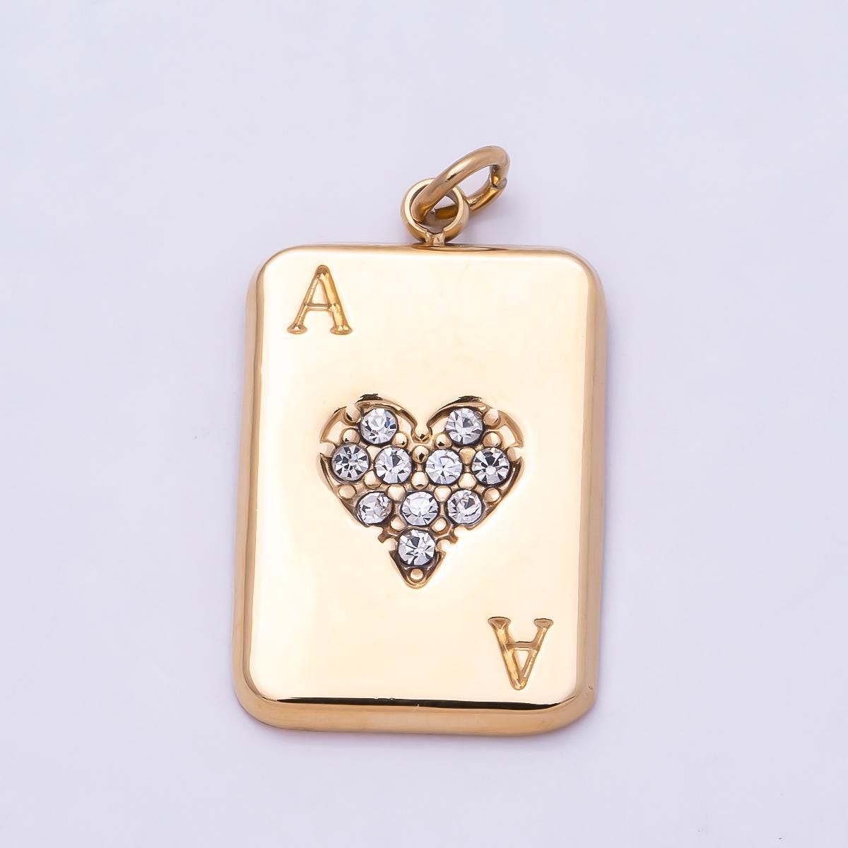 PVD Gold Stainless Steel 20mm Micro Paved CZ Ace of Heart Game Card Charm Playing Card Pendant Charm Bar DIY Jewelry Supply | Charms-01028