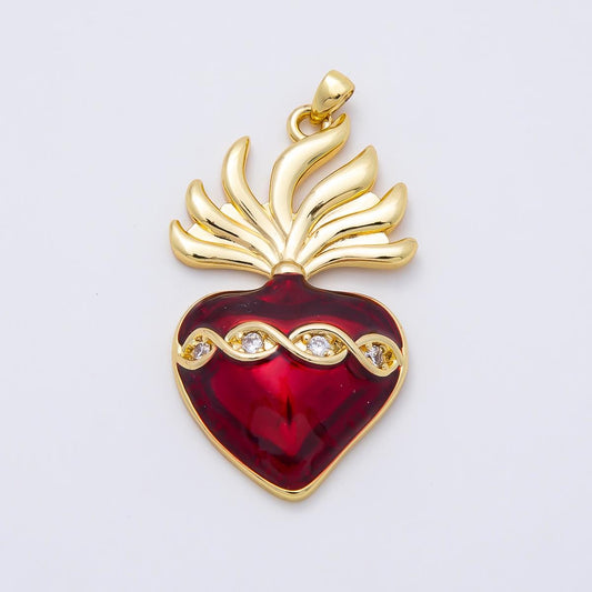 16K Gold Filled 39mm CZ Red Enamel Sacred Heart Religious Pendant Flaming Love Charm Catholic Necklace DIY Jewelry Supply | Charms-01061