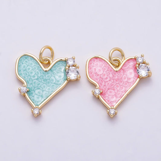 16k Gold Filled 17mm Enamel Heart Charm with Cubic Zirconia Pastel Teal and Pink Love Pendants for Jewelry Making | CHARMS-00934