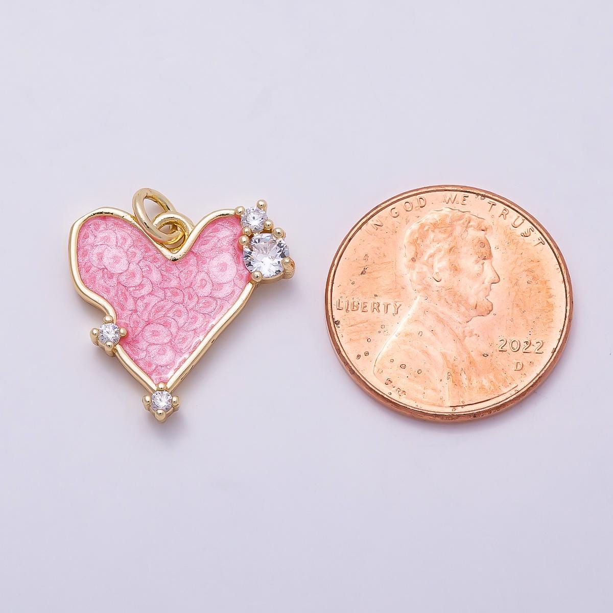 16k Gold Filled 17mm Enamel Heart Charm with Cubic Zirconia Pastel Teal and Pink Love Pendants for Jewelry Making | CHARMS-00934