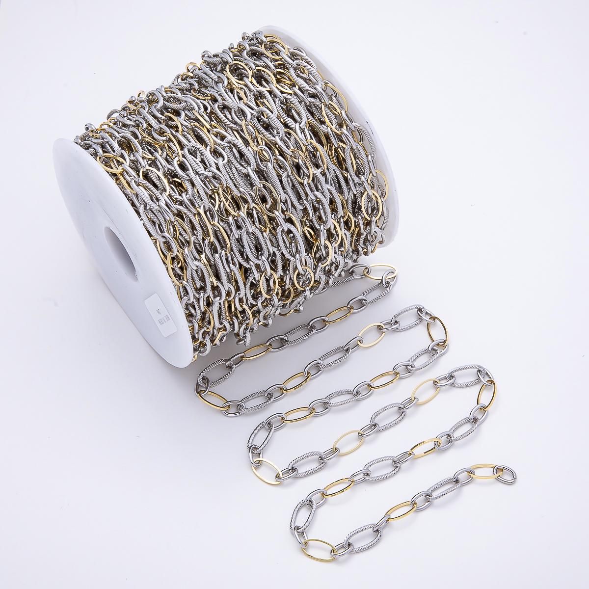Two Tone Paperclip Chain by Yard Mixed Metal Ribbed Cable Link Chain Silver and Gold Unfinished Bulk Wholesale Jewelry Making | ROLL-01878