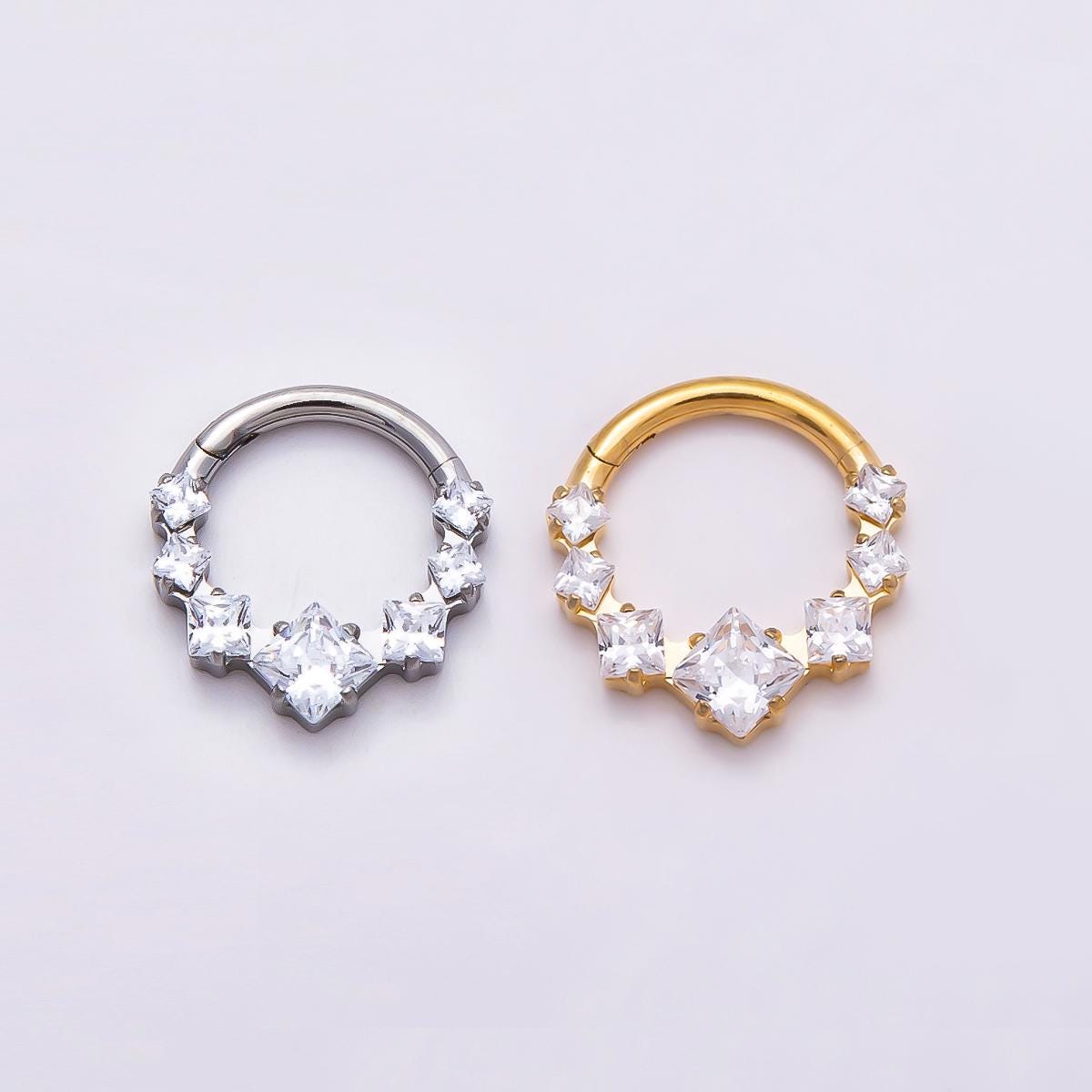 Stainless Steel 11mm Clear Square CZ Cluster Gradient Pull Gate Round Finding in Gold & Silver Spring Ring Clasp DIY Supply | Findings-00212