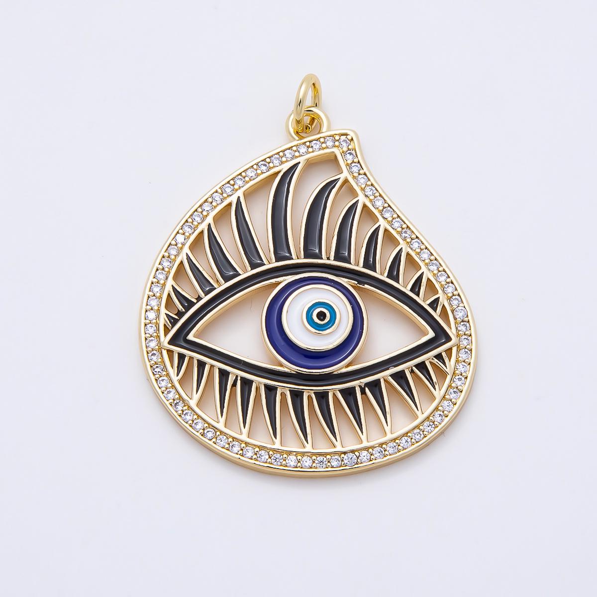 16K Gold Filled 33mm Blue Enamel Micro Paved CZ Evil Eye Open Teardrop Charm Spiked Eyelash DIY Craft Making Supply | Charms-01056