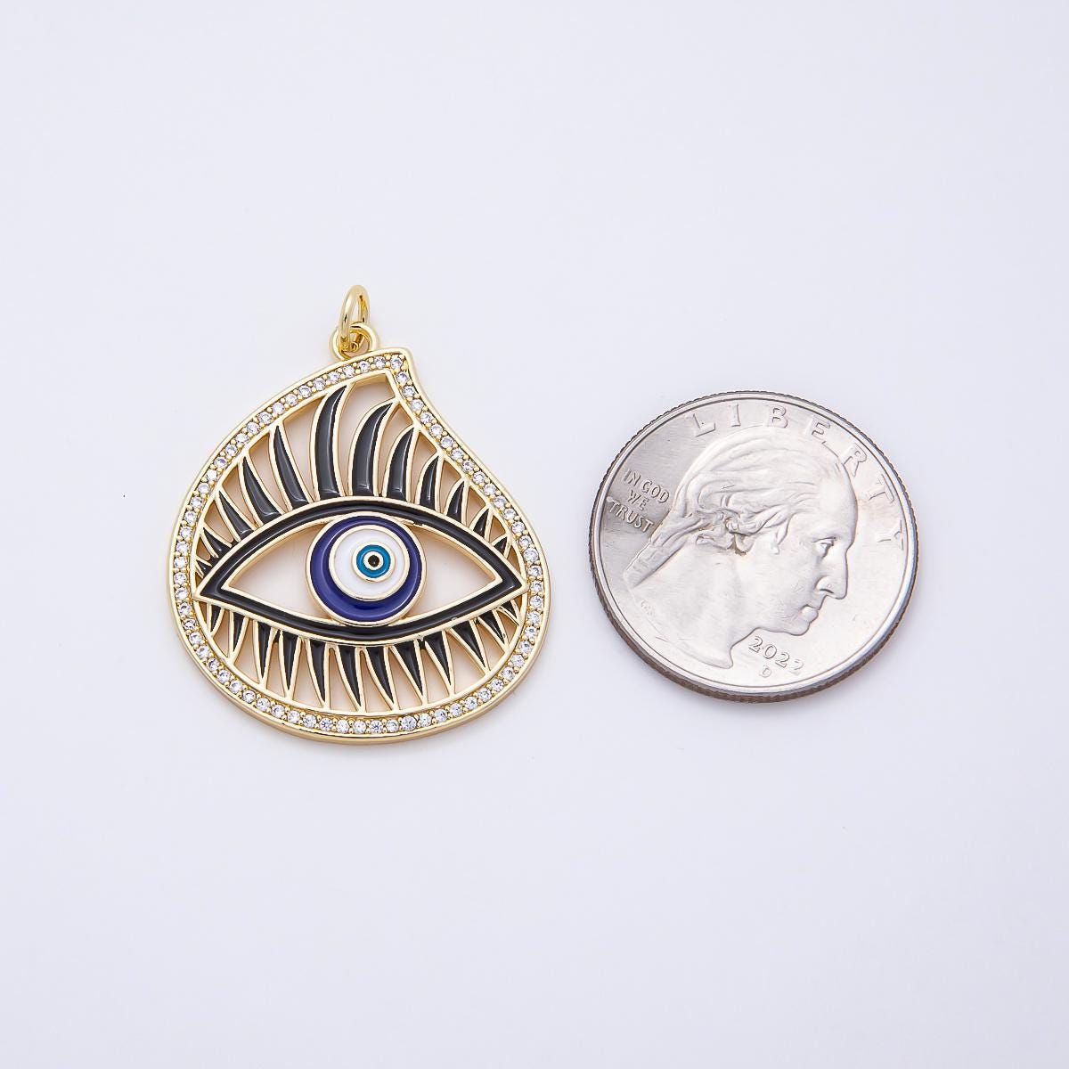 16K Gold Filled 33mm Blue Enamel Micro Paved CZ Evil Eye Open Teardrop Charm Spiked Eyelash DIY Craft Making Supply | Charms-01056