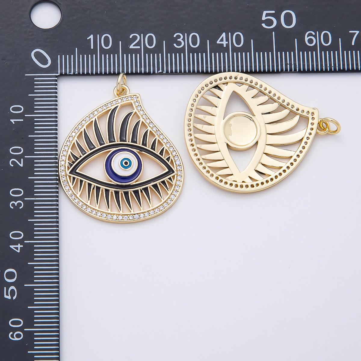 16K Gold Filled 33mm Blue Enamel Micro Paved CZ Evil Eye Open Teardrop Charm Spiked Eyelash DIY Craft Making Supply | Charms-01056
