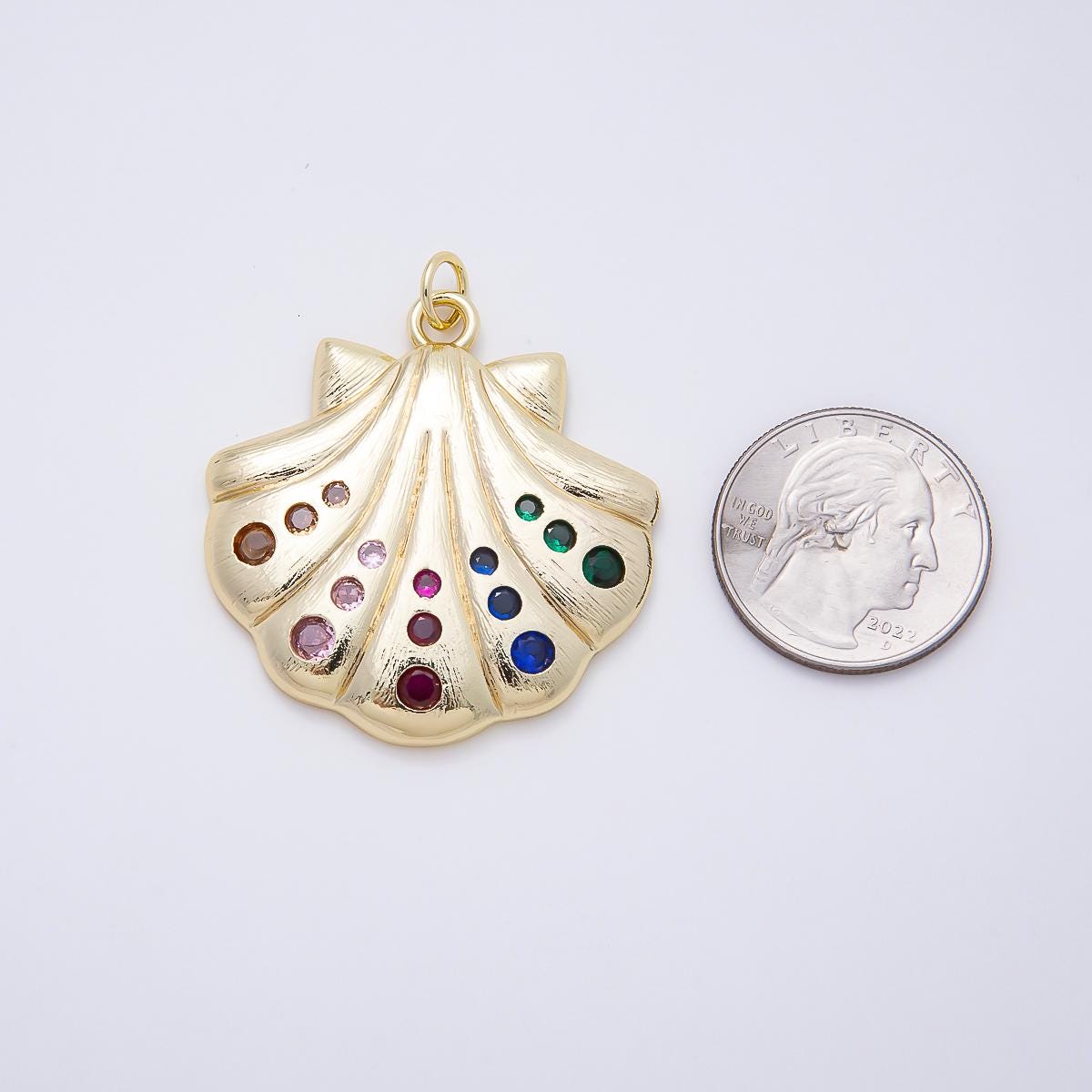 16K Gold Filled 41.5mm Multicolor CZ Dotted Textured Clam Sea Shell Charm Colorful Beach Pendant DIY Jewelry Making Supply | Charms-01060
