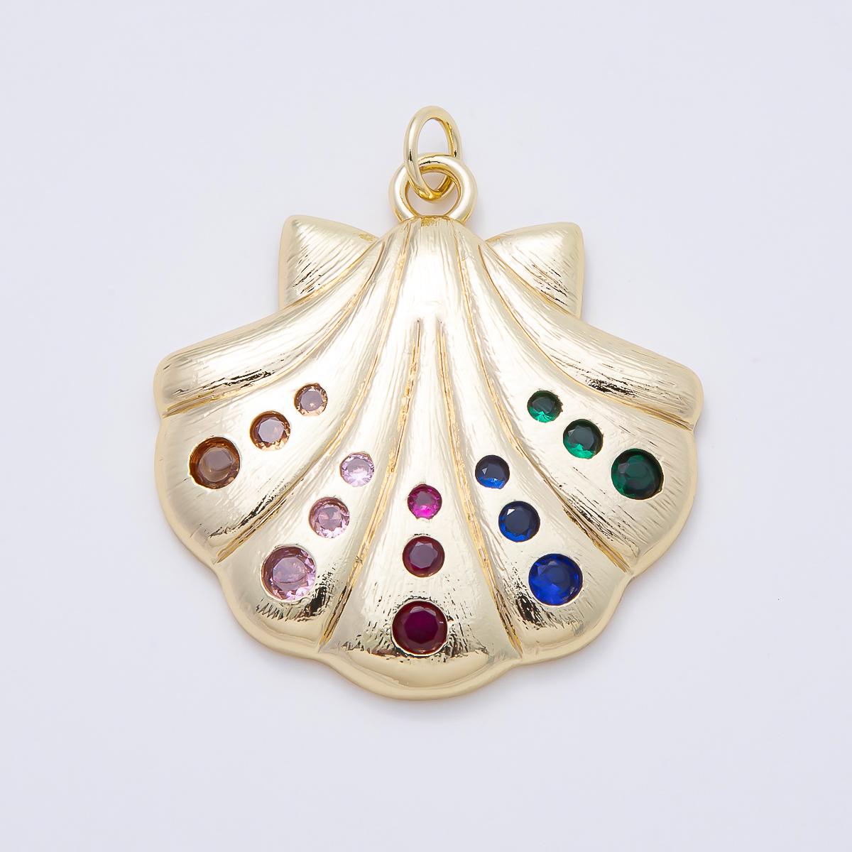 16K Gold Filled 41.5mm Multicolor CZ Dotted Textured Clam Sea Shell Charm Colorful Beach Pendant DIY Jewelry Making Supply | Charms-01060