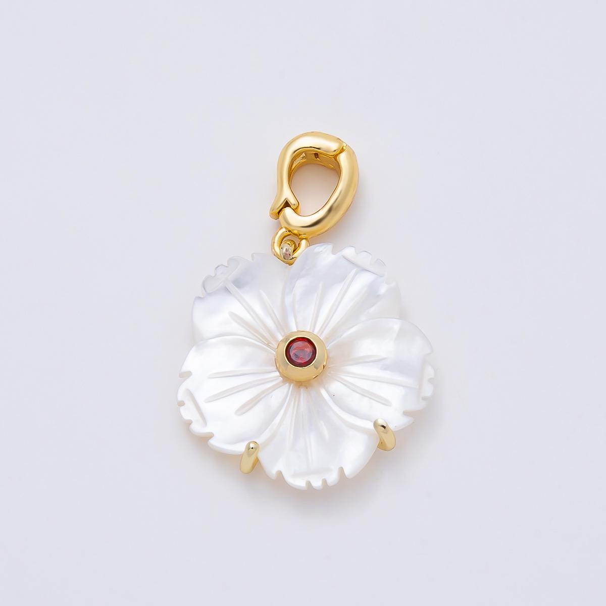 16K Gold Filled 20mm Mother of Pearl Blooming Flower Personal Birthstone Pendant Custom Birth Month Jewelry Charm DIY | Charms-00965