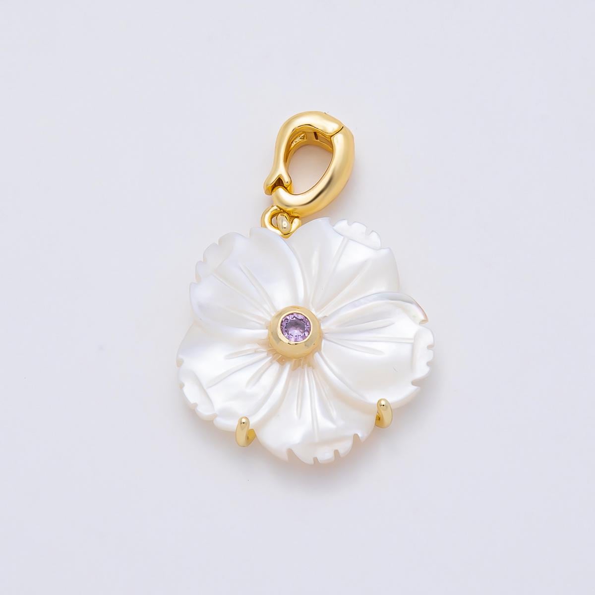 16K Gold Filled 20mm Mother of Pearl Blooming Flower Personal Birthstone Pendant Custom Birth Month Jewelry Charm DIY | Charms-00965