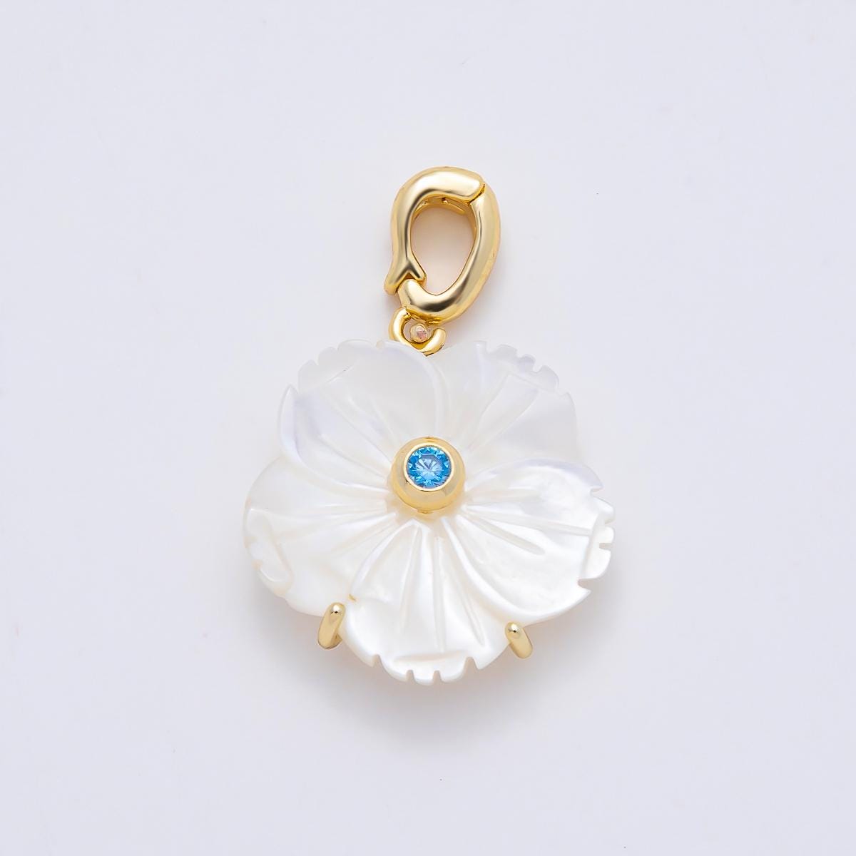 16K Gold Filled 20mm Mother of Pearl Blooming Flower Personal Birthstone Pendant Custom Birth Month Jewelry Charm DIY | Charms-00965