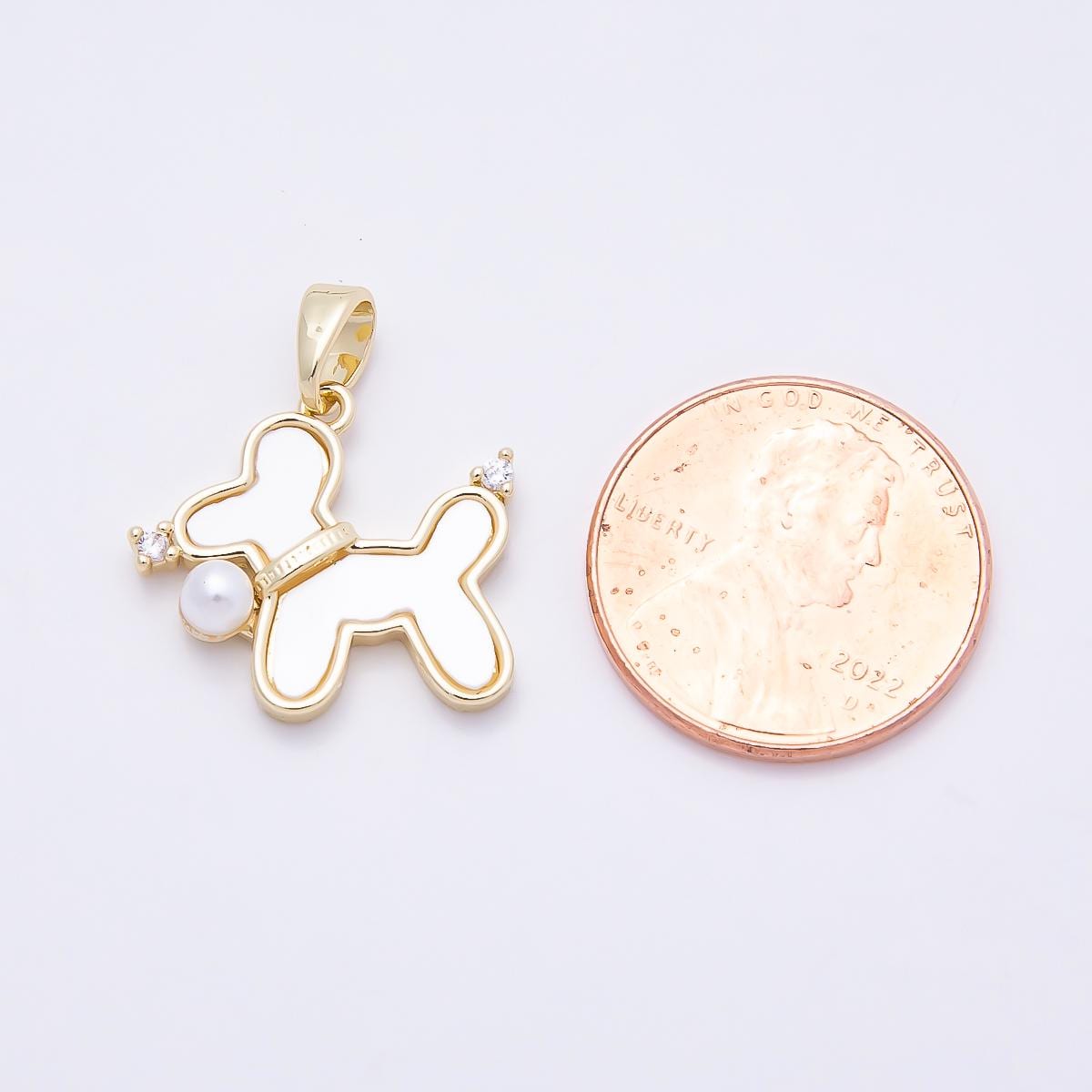 16K Gold Filled 18mm Shell Pearl Clear CZ Balloon Dog Animal Pendant Collar Charm Gift for Puppy Lover DIY Supply | Charms-00948