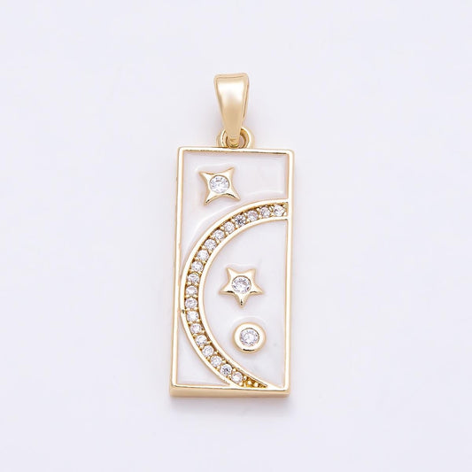 16K Gold Filled 24mm Micro Paved CZ White Enamel Celestial Moon Star Rectangular Tag Pendant DIY Jewelry Making Supply | Charms-00953