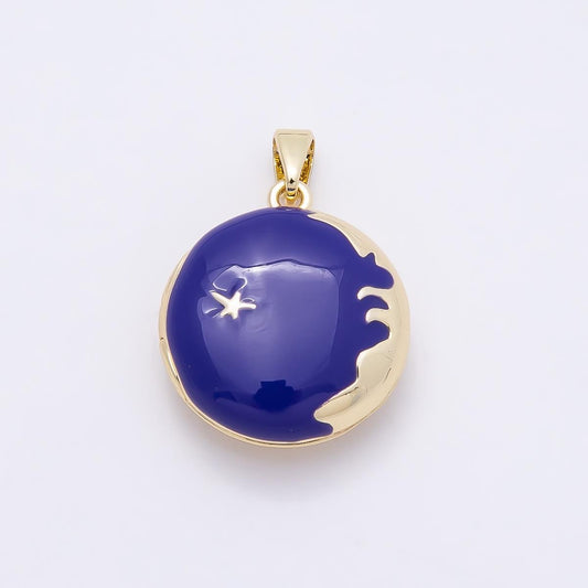 16K Gold Filled 20mm Blue Enamel Star Sky Round Locket Pendant Celestial Night Whimsical Gift Jewelry Supply DIY Necklace | Charms-01030