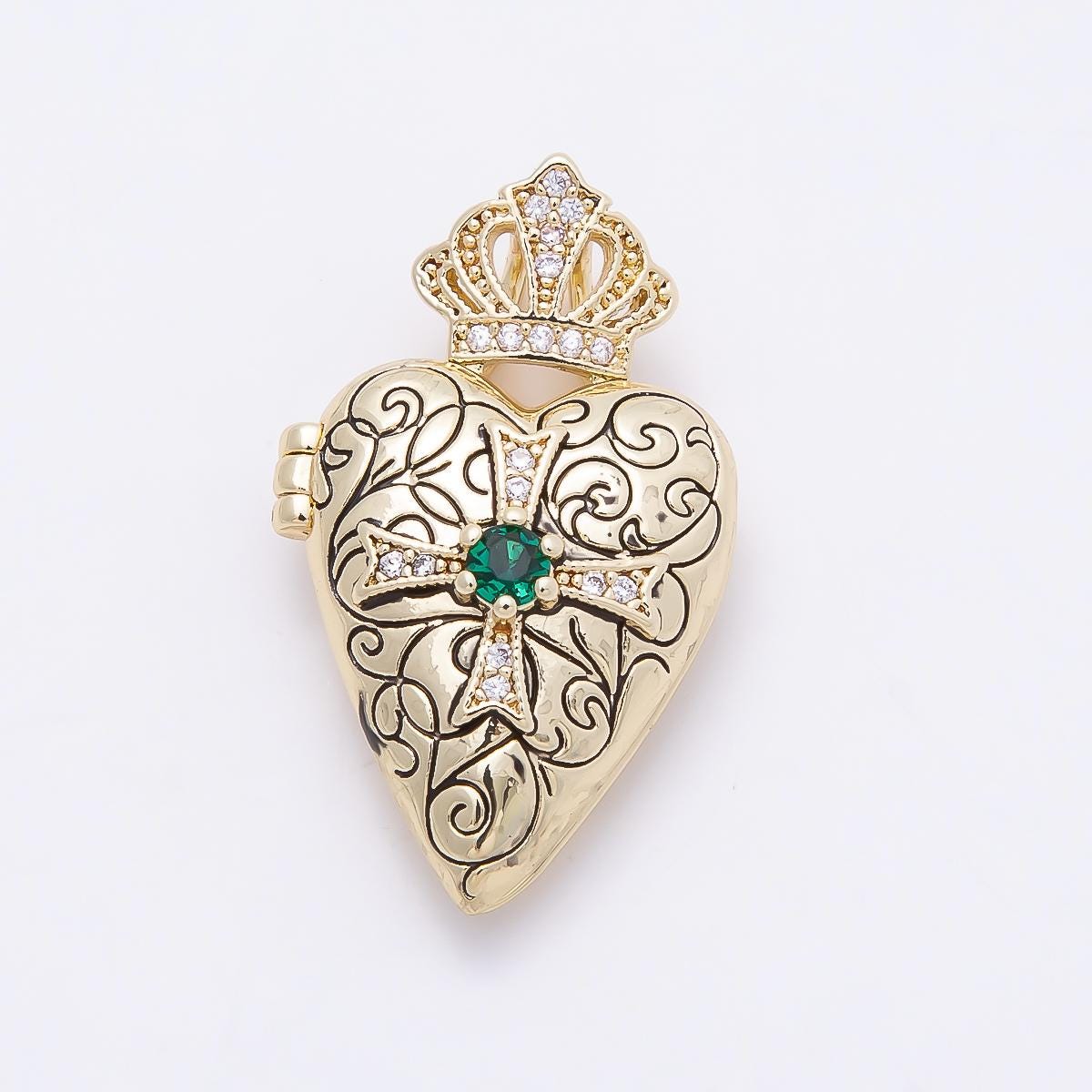 16K Gold Filled 28mm Green CZ Micro Paved Passion Cross Engraved Heart Crown Locket Pendant Sacred Royal Love Charm DIY | Charms-01034