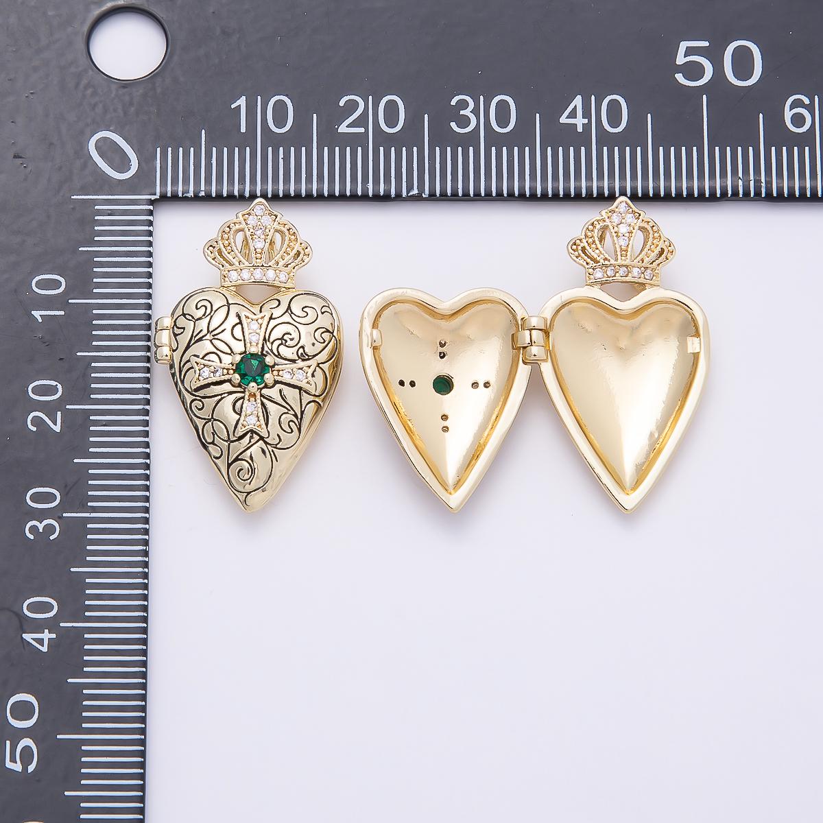16K Gold Filled 28mm Green CZ Micro Paved Passion Cross Engraved Heart Crown Locket Pendant Sacred Royal Love Charm DIY | Charms-01034