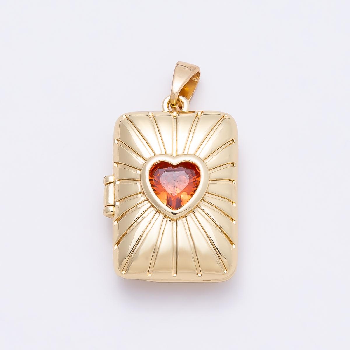 16K Gold Filled 22mm Red Heart CZ Sunburst Rectangle Locket Pendant Starburst Medallion DIY Jewelry Supply custom Necklace | Charms-01035
