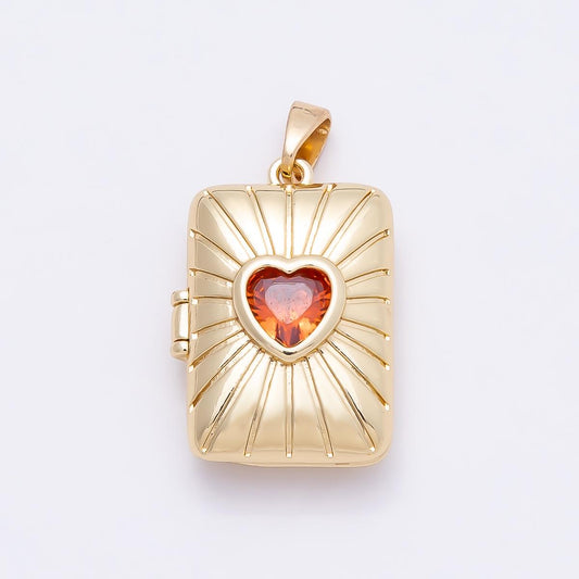 16K Gold Filled 22mm Red Heart CZ Sunburst Rectangle Locket Pendant Starburst Medallion DIY Jewelry Supply custom Necklace | Charms-01035