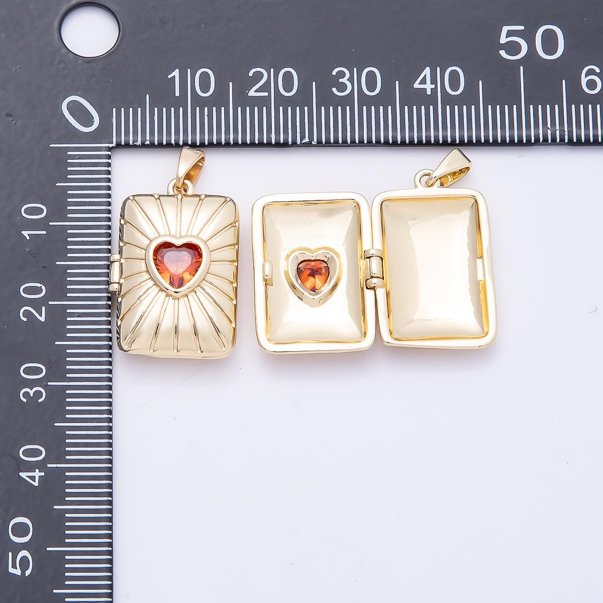 16K Gold Filled 22mm Red Heart CZ Sunburst Rectangle Locket Pendant Starburst Medallion DIY Jewelry Supply custom Necklace | Charms-01035