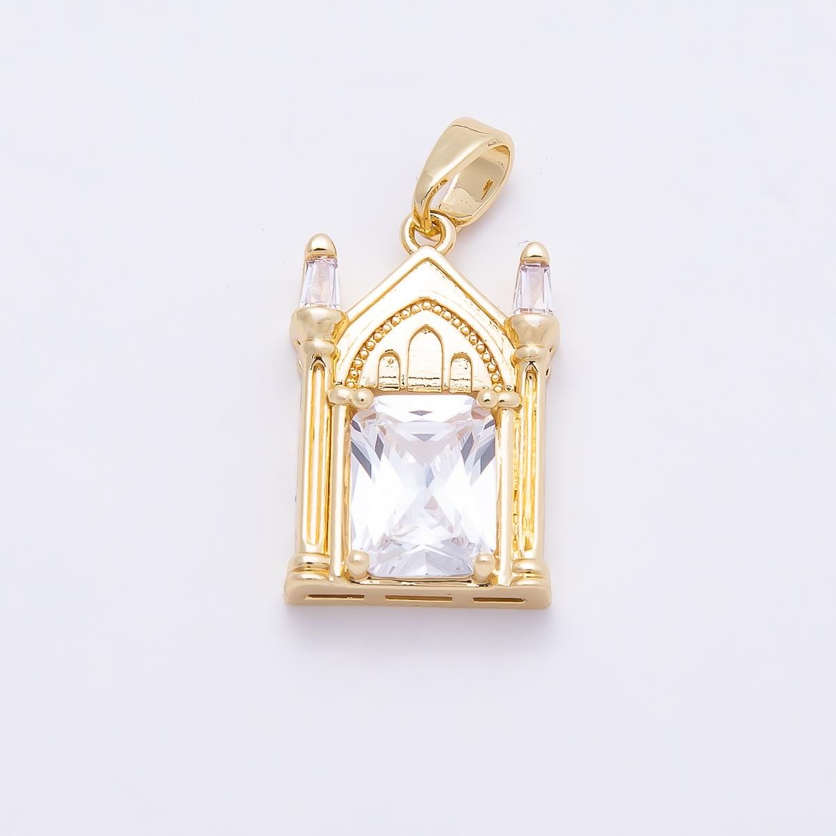 16K Gold Filled 20mm Clear CZ Baguette Vintage Church Castle Pendant Cathedral Architecture Charm Jewelry Supply DIY Necklace | Charms-01037