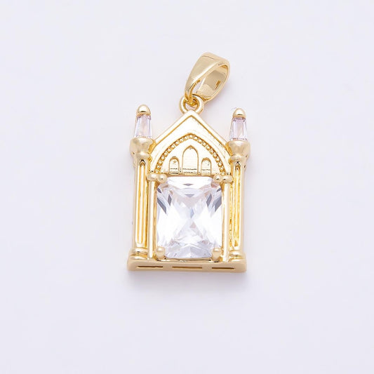 16K Gold Filled 20mm Clear CZ Baguette Vintage Church Castle Pendant Cathedral Architecture Charm Jewelry Supply DIY Necklace | Charms-01037