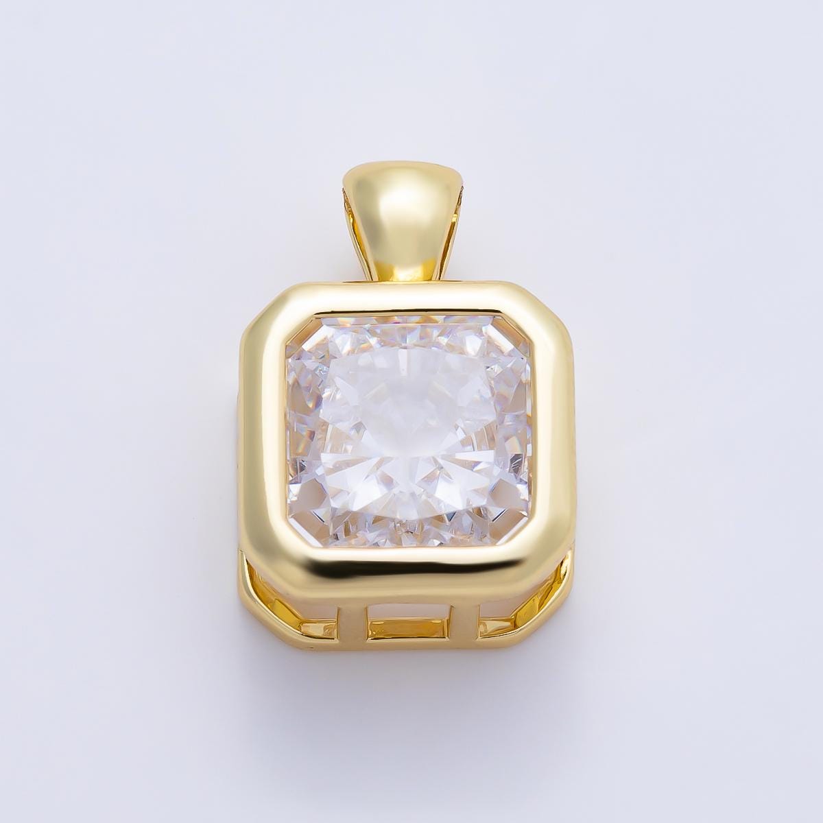 16K Gold Filled Clear CZ Baguette Round Hexagon Bezel Pendant in Gold Wedding Jewelry Charms DIY Supply for custom Necklace | Charms-01081