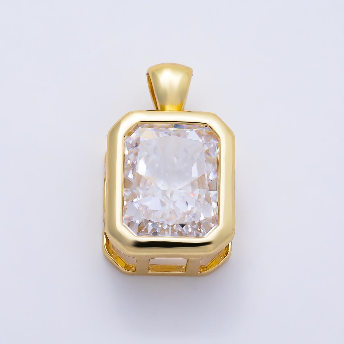 16K Gold Filled Clear CZ Baguette Round Hexagon Bezel Pendant in Gold Wedding Jewelry Charms DIY Supply for custom Necklace | Charms-01081