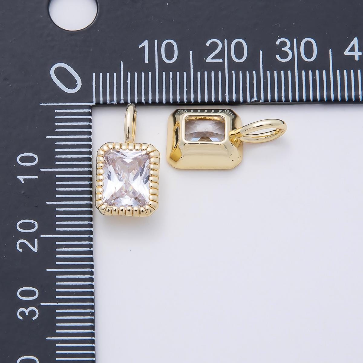 16K Gold Filled 17mm Clear Baguette CZ Ribbed Bezel Mini Pendant Radiant Cut Gemstone Charm DIY Elegant Jewelry Making Supply | Charms-01103