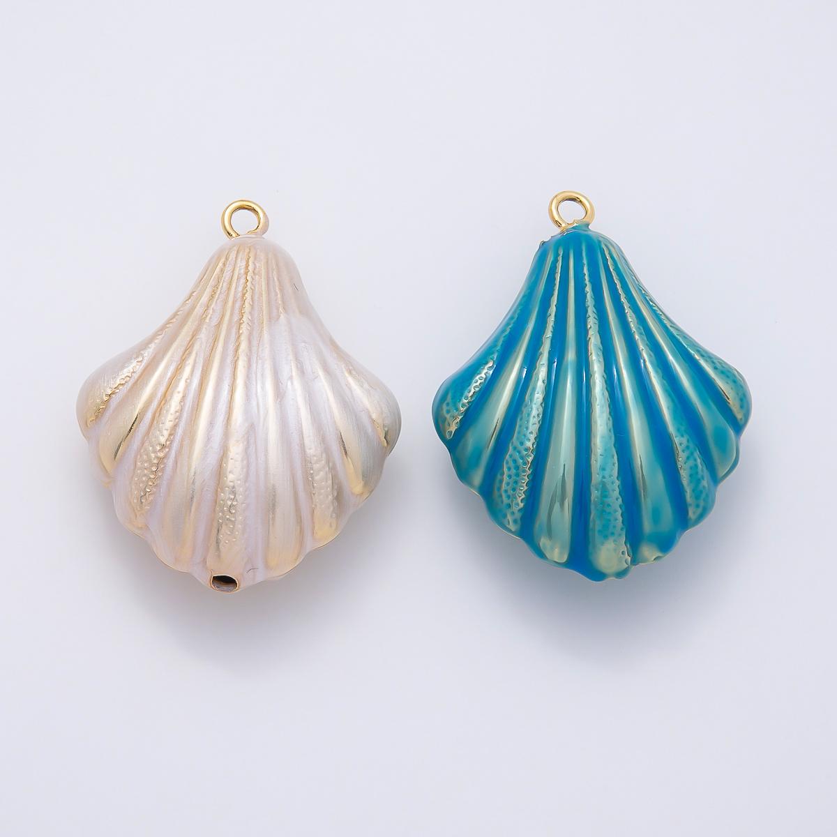 16K Gold Filled 45mm Blue, White Enamel Clam Sea Shell Charm Coastal Beach Jewelry Ribbed Seashell Design DIY Supply | Charms-01058