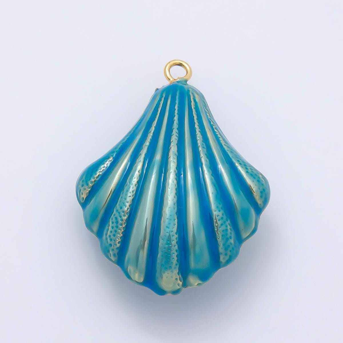 16K Gold Filled 45mm Blue, White Enamel Clam Sea Shell Charm Coastal Beach Jewelry Ribbed Seashell Design DIY Supply | Charms-01058