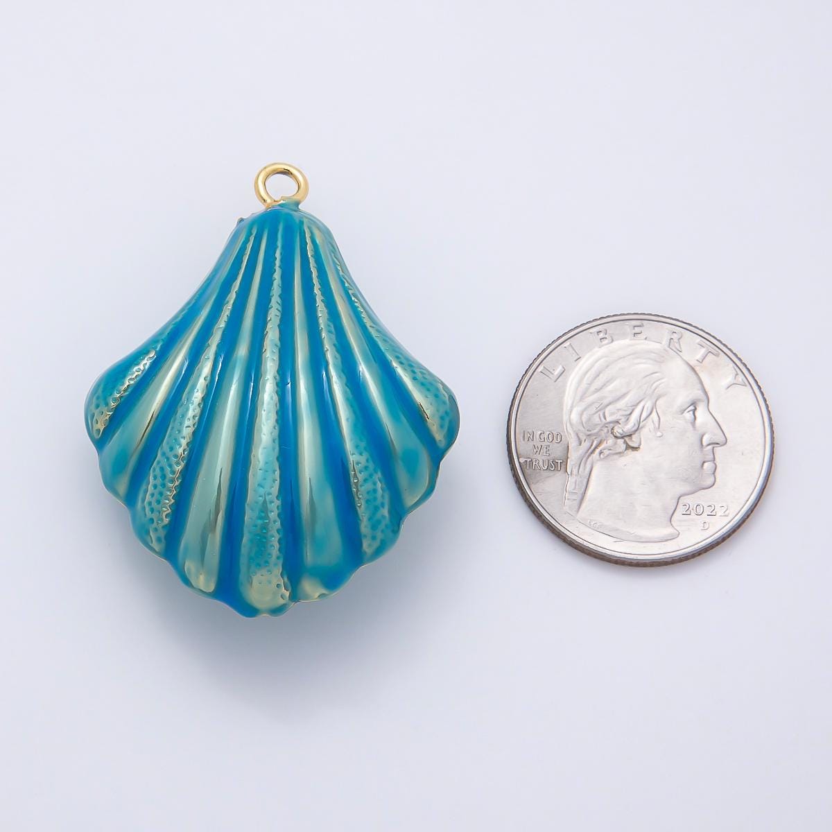 16K Gold Filled 45mm Blue, White Enamel Clam Sea Shell Charm Coastal Beach Jewelry Ribbed Seashell Design DIY Supply | Charms-01058