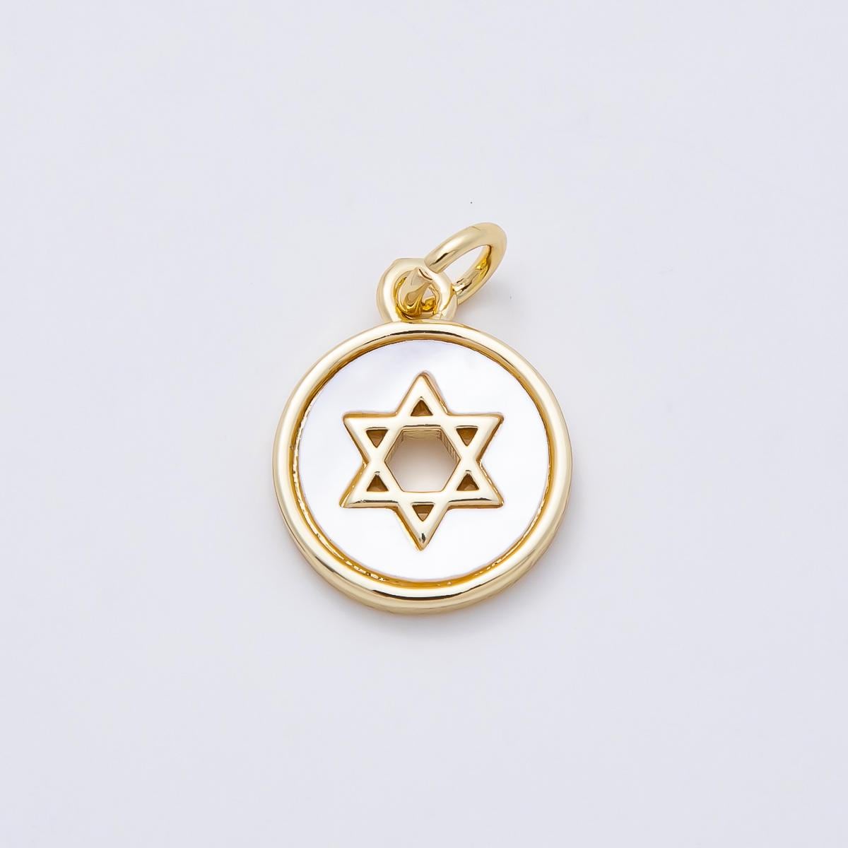 16K Gold Filled Star of David Shell Pearl Open Round Charm White Enamel Coin Pendant Dainty DIY Jewish Jewelry Making Supply | CHARMS-01105