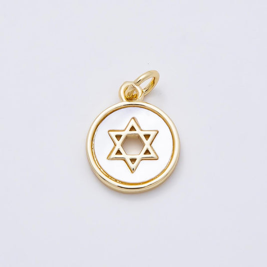 16K Gold Filled Star of David Shell Pearl Open Round Charm White Enamel Coin Pendant Dainty DIY Jewish Jewelry Making Supply | CHARMS-01105